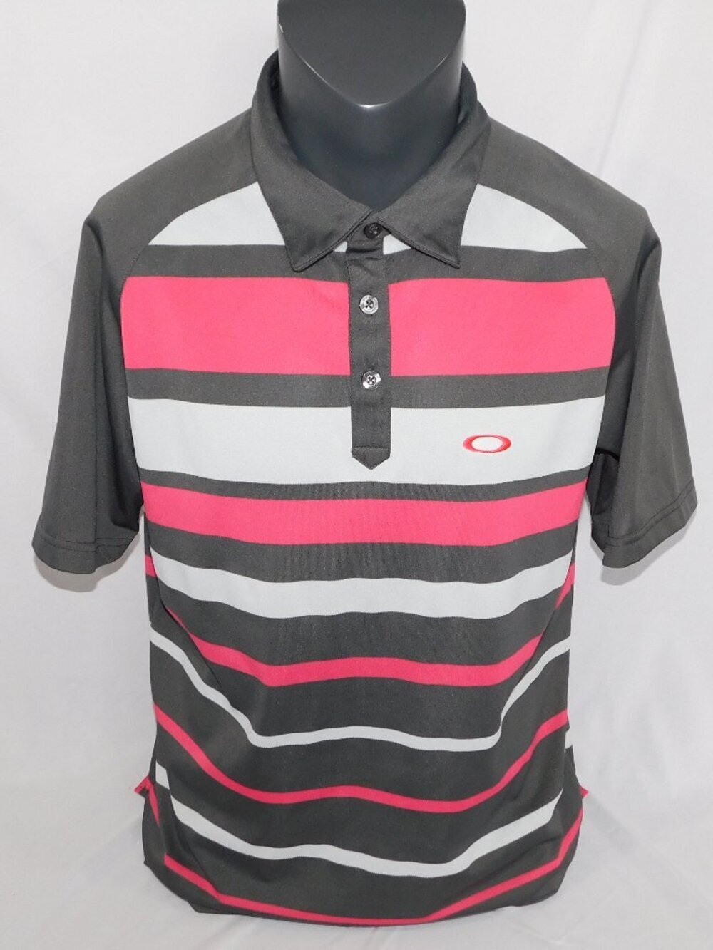 Oakley Short Sleeve Pink Grey Striped Polo Golf Shirt Regular Fit Mens L